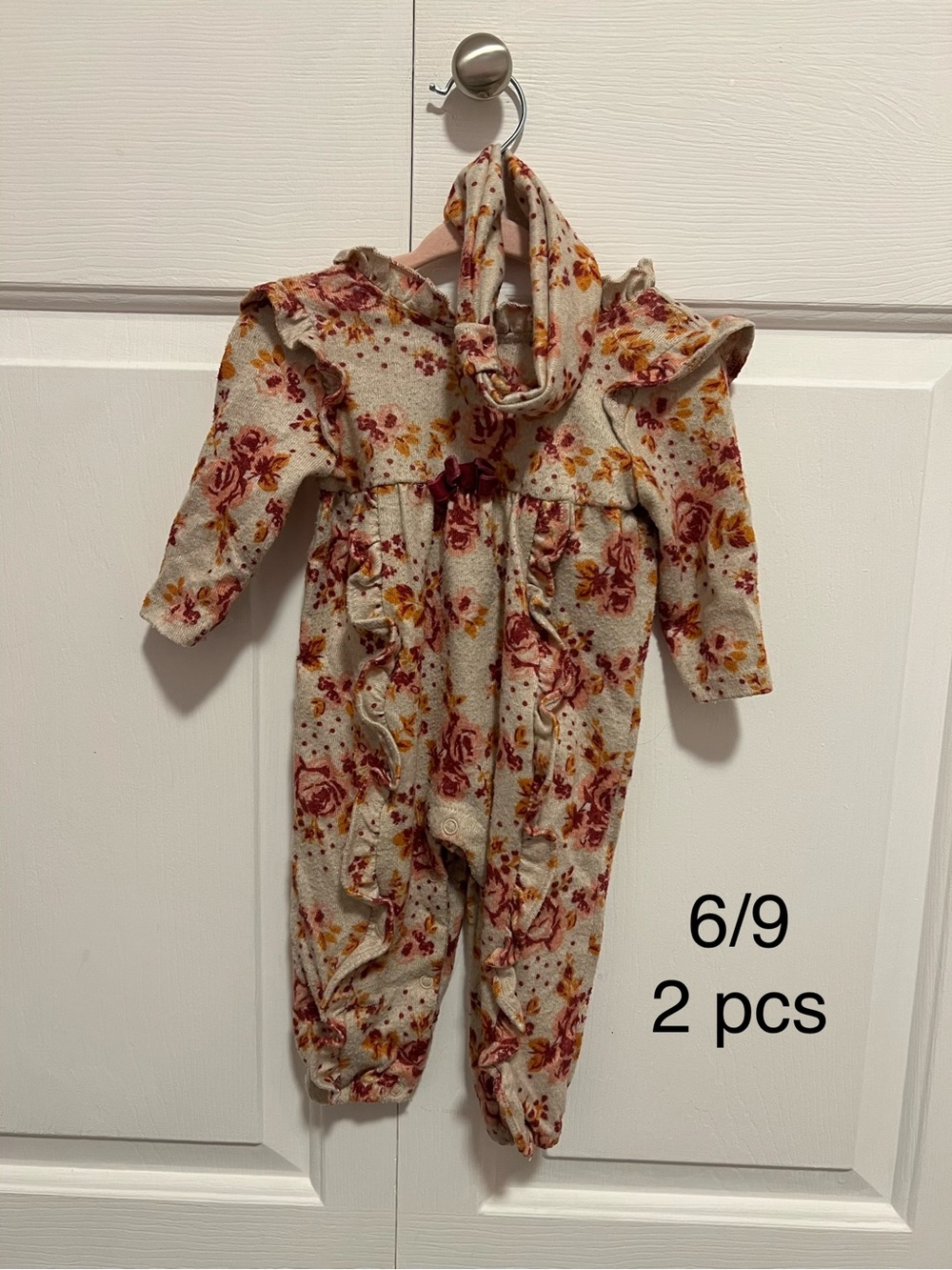 Floral Ruffle One-Piece Romper in Cream with Pink and Rust Roses